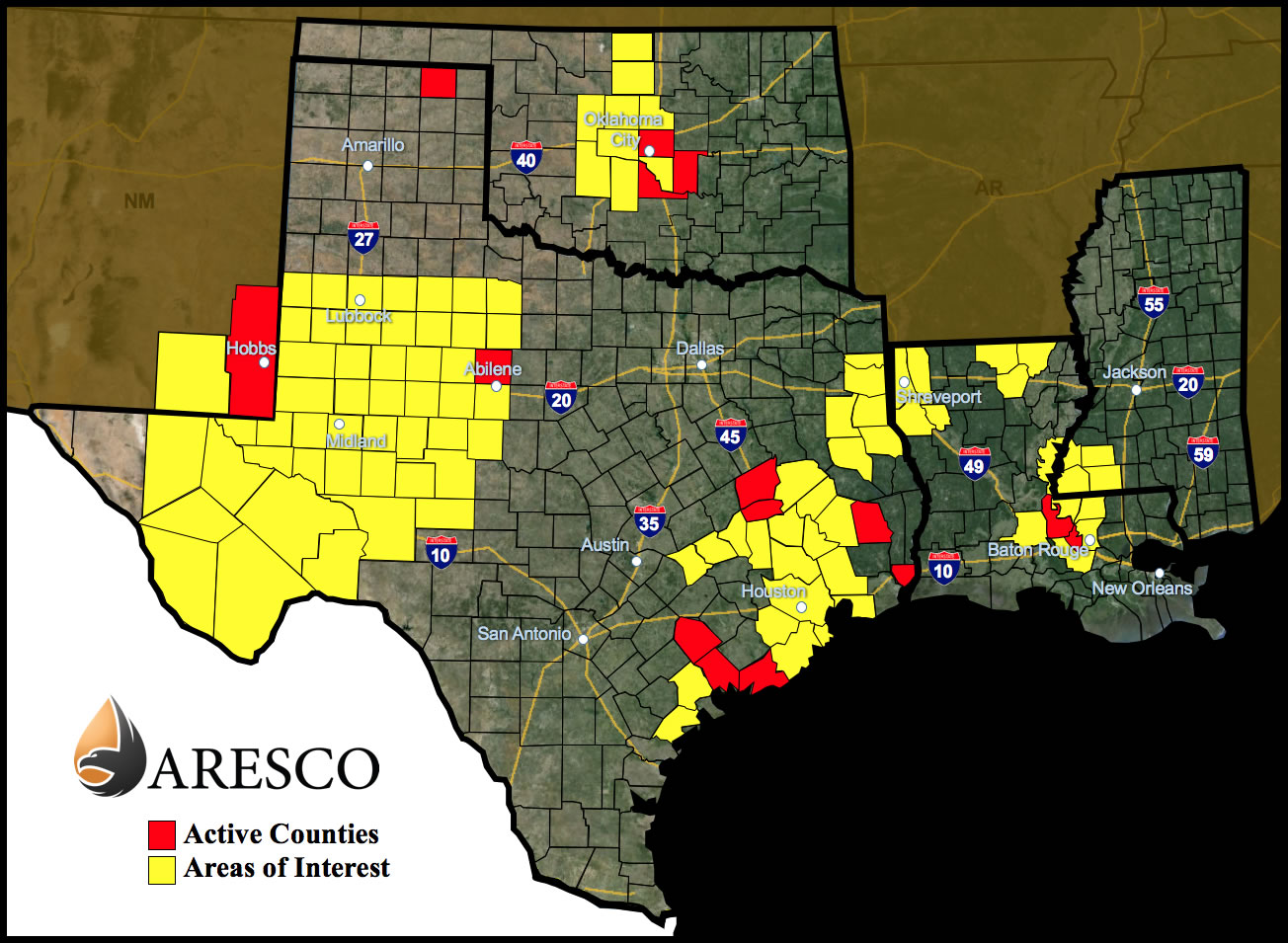 Current Crude Oil Production Areas Map in Texas, Oklahoma, Louisiana, and Mississippi